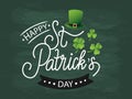 Vector illustration of Happy St. PatrickÃ¢â¬â¢s Day logo. Hand drawn celebration text with leprechaunÃ¢â¬â¢s hat on green chalkboard